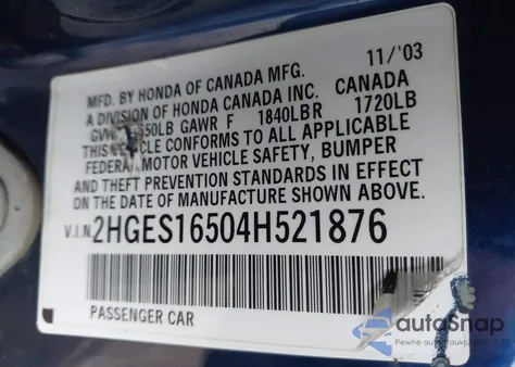 2004 Honda Civic Lx из США, поврежденный, VIN 2HGES16504H521876
